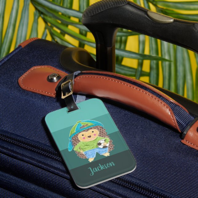 Kid Hedgehog Soccer Player Turquoise Stripes Luggage Tag (Front Insitu 1)