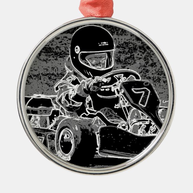Kid Kart in Black & White Metal Ornament (Front)
