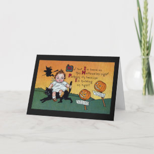 Kid on Cat and JOL Signposts Vintage Halloween Card