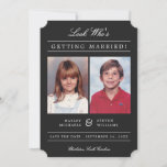 Kid Photos Old School Classic Styled | Black Save The Date<br><div class="desc">Send modern style "old school photo" save the dates,  using your childhood photos!  The background colour can be easily customized to any colour you'd like - on both the front and back.  Shown: muted black.  Modern white stripes design on the back.</div>