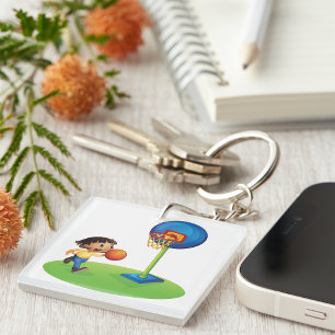 Kid Playing Basketball with Hoop Fun Sports Keychain