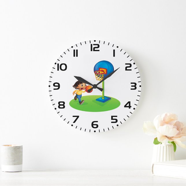 Kid Playing Basketball with Hoop Fun Sports Large Clock (Creator Uploaded)