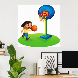 Kid Playing Basketball with Hoop Fun Sports Poster