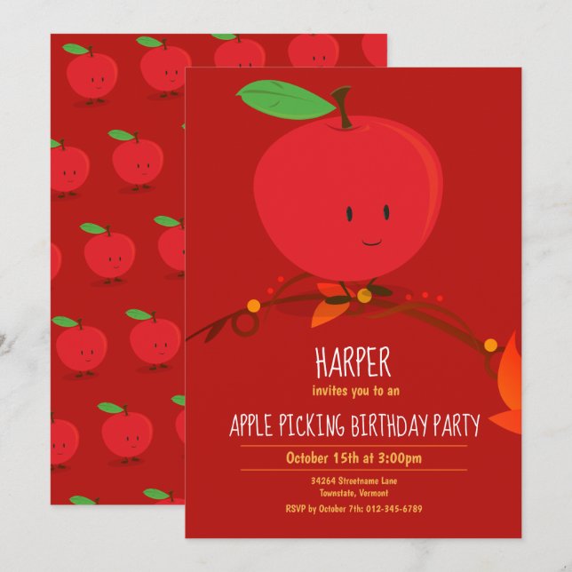 Kid’s Red Apple Picking Birthday Party Invitation (Front/Back)