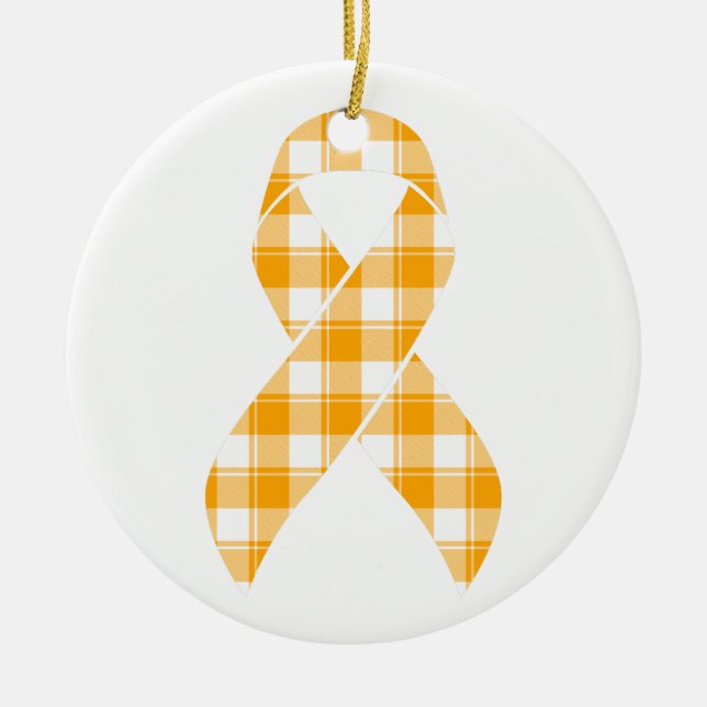Kidney Cancer Awareness Plaid Orange Ribbon Ceramic Ornament (Front)