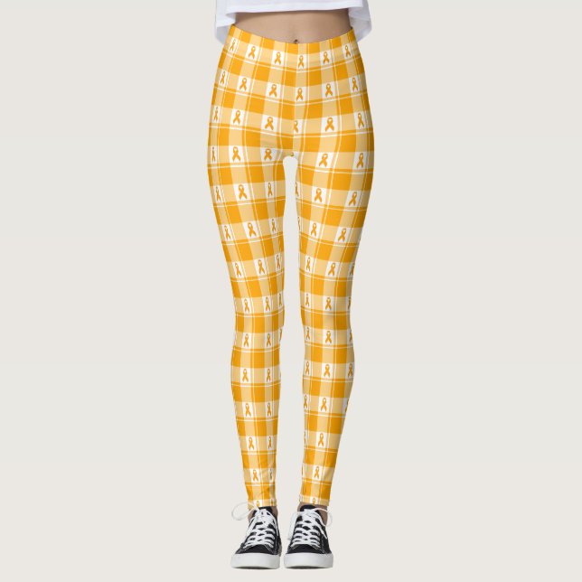 Kidney Cancer Awareness Plaid Orange Ribbon Leggings (Front)