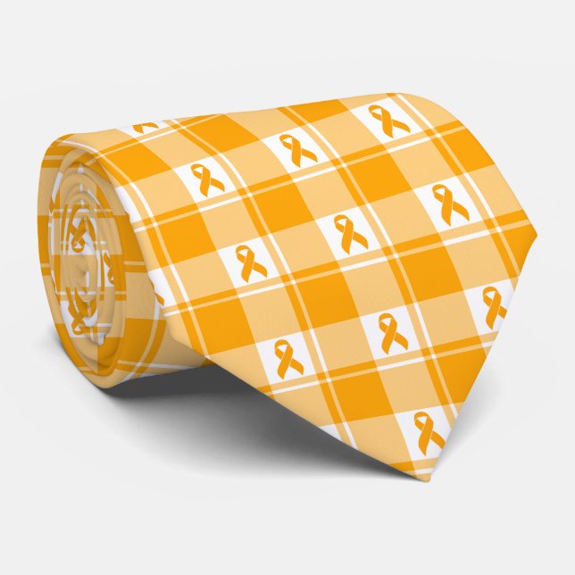 Kidney Cancer Awareness Plaid Orange Ribbon Tie (Rolled)