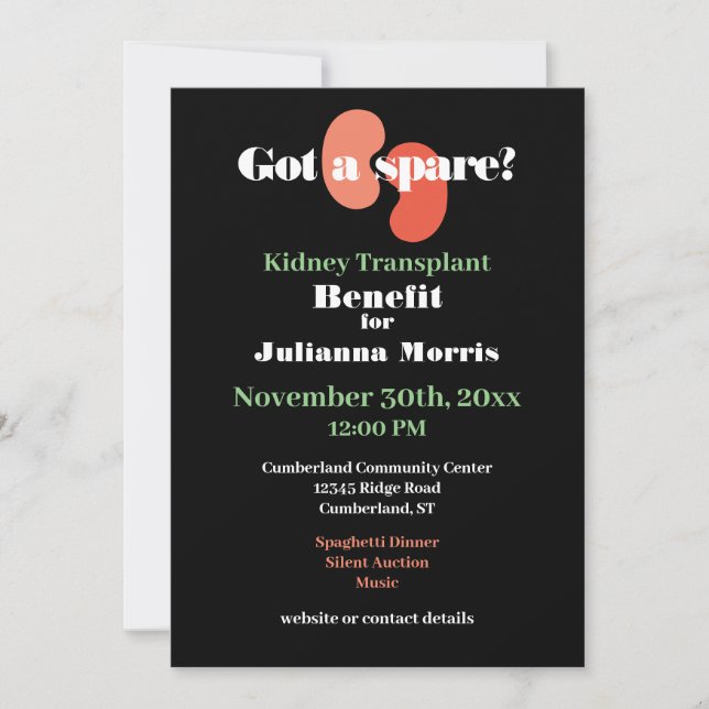 Kidney Transplant Benefit Fundraiser Design Invitation (Front)