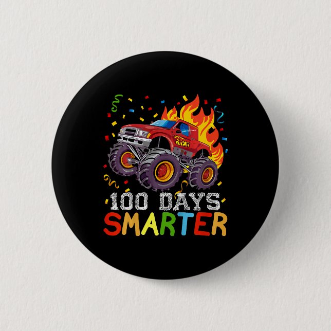 Kids 100 Days Smarter Boys Monster Truck 100th Day 2 Inch Round Button (Front)