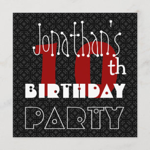 Kid's 10th Birthday Custom Name Black White Red Invitation