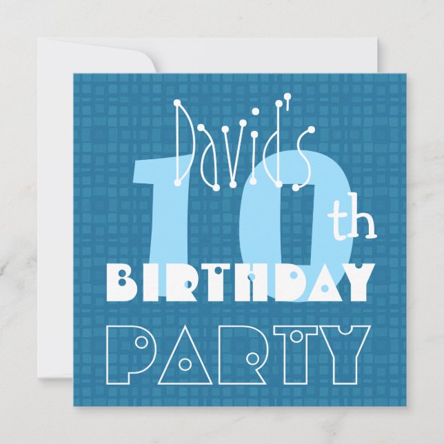 Kid's 10th Birthday Custom Name Blue and White V09 Invitation (Front)