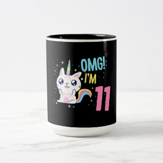 Kids 11 Year Old Girl Birthday Outfit Unicorn Cat Two-Tone Coffee Mug