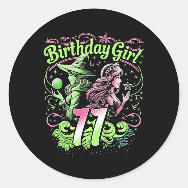 Kids 11th Birthday Witch Pink And Green 11 Year Ol Classic Round Sticker (Front)