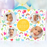 Kids 1st Birthday Cute Rainbow Photo Hearts Yellow Card<br><div class="desc">Celebrate the magic of turning one with this cute personalized greetings card! A fun and colourful design featuring four of your favourite photos and lots of rainbows, hearts and stars. The phrase "Happy Birthday" and the recipient's name are in the middle, and the all-important birthday age is repeated throughout the...</div>