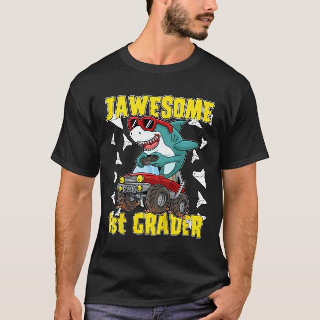 Kids 1st Grade Monster Truck Dinosaur Megalodon Sh T-Shirt (Front)