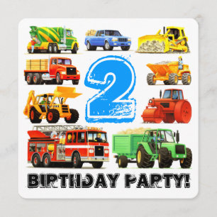 Kid's 2nd Birthday Construction Truck Party Invitation