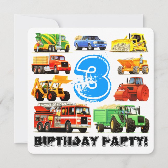 Kid's 3rd Birthday Construction Truck Party Invitation (Front)