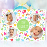 Kids 3rd Birthday Cute Rainbow Photo Hearts Green Card<br><div class="desc">Celebrate the magic of turning three with this cute personalized greetings card! A fun and colourful design featuring four of your favourite photos and lots of rainbows, hearts and stars. The phrase "Happy Birthday" and the recipient's name are in the middle, and the all-important birthday age is repeated throughout the...</div>