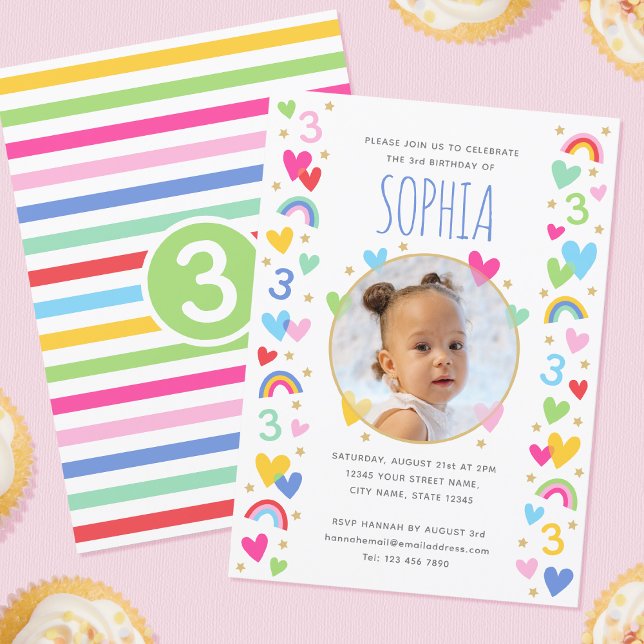 Kids 3rd Birthday Cute Rainbow Photo Hearts Green Invitation (Creator Uploaded)