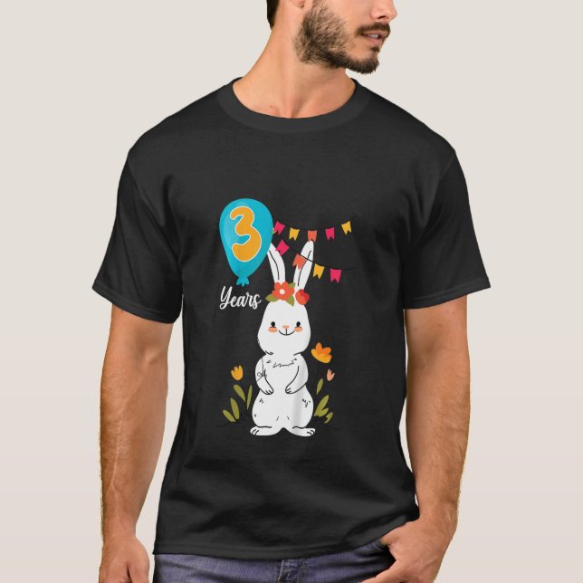 Kids 3rd Birthday Party 3 Years Bunny Rabbit Flowe T-Shirt (Front)