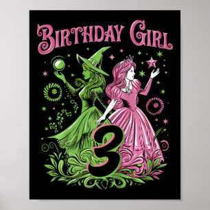 Kids 3rd Birthday Witch Pink And Green 3 Years Old Poster