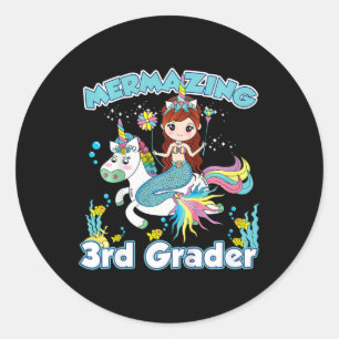 Kids 3rd Grade Mermaid Riding Unicorn Back to Scho Classic Round Sticker