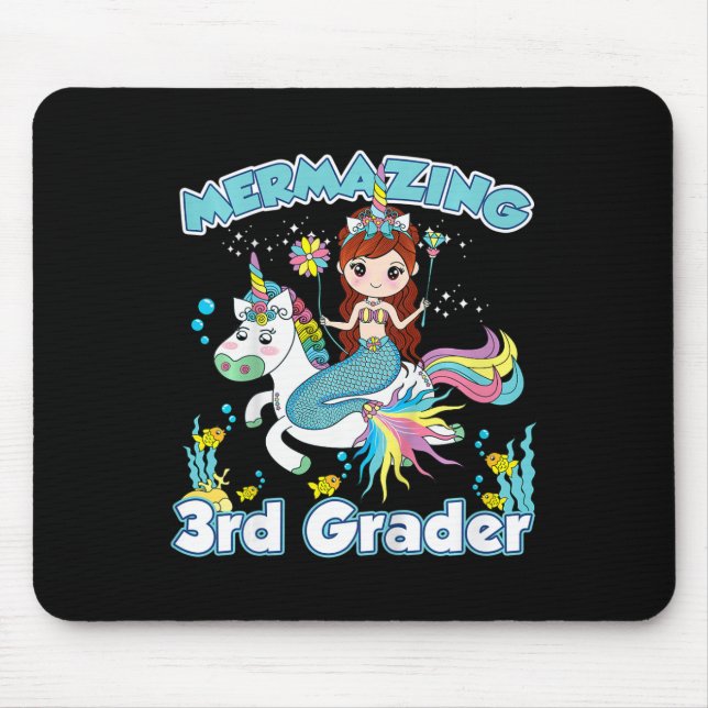 Kids 3rd Grade Mermaid Riding Unicorn Back to Scho Mouse Pad (Front)