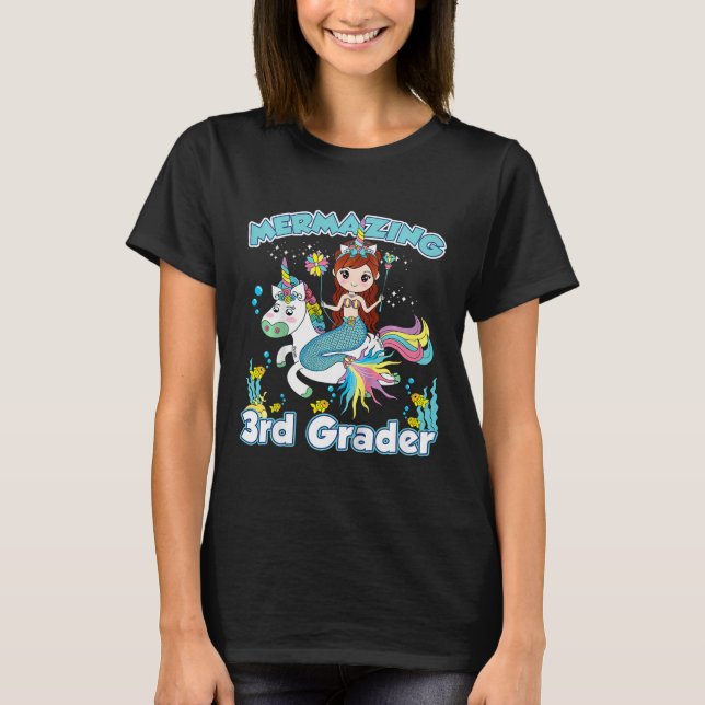 Kids 3rd Grade Mermaid Riding Unicorn Back to Scho T-Shirt (Front)