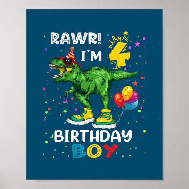 Kids 4 Year Old 4th Birthday Boy T Rex Dinosaur  Poster (Front)