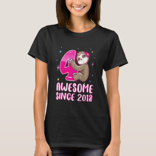 Kids 4 Years Old Cute Pink Sloth 4th Birthday Girl T-Shirt