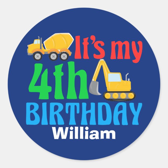 Kids 4th Birthday Boy Construction Vehicle Party Classic Round Sticker (Front)