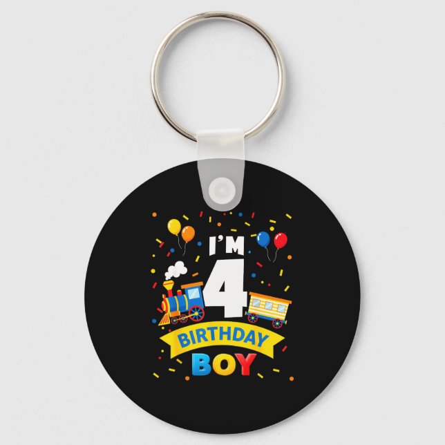 Kids 4th Birthday Boy Train Four 4 Year Old Birthd Keychain (Front)
