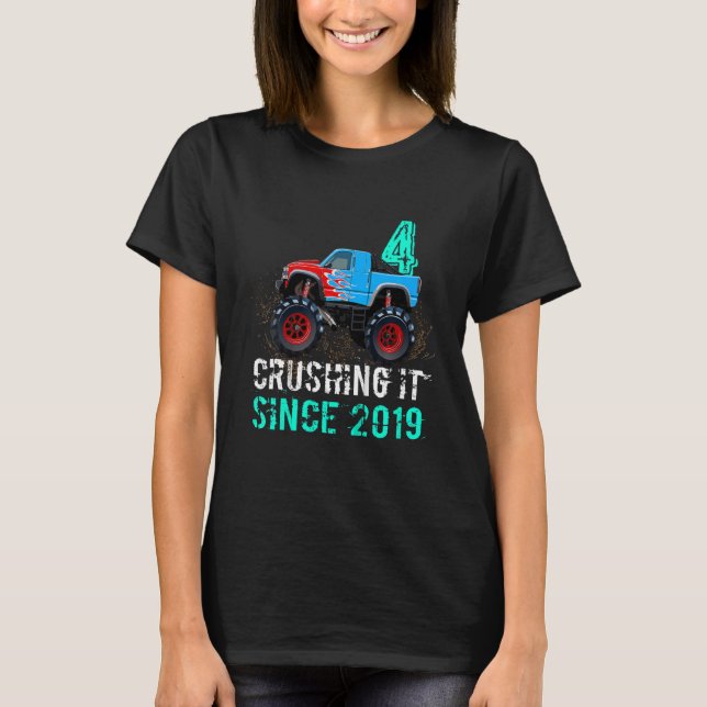 Kids 4th Birthday Boys 4 Crushing It Since 2019 Mo T-Shirt (Front)