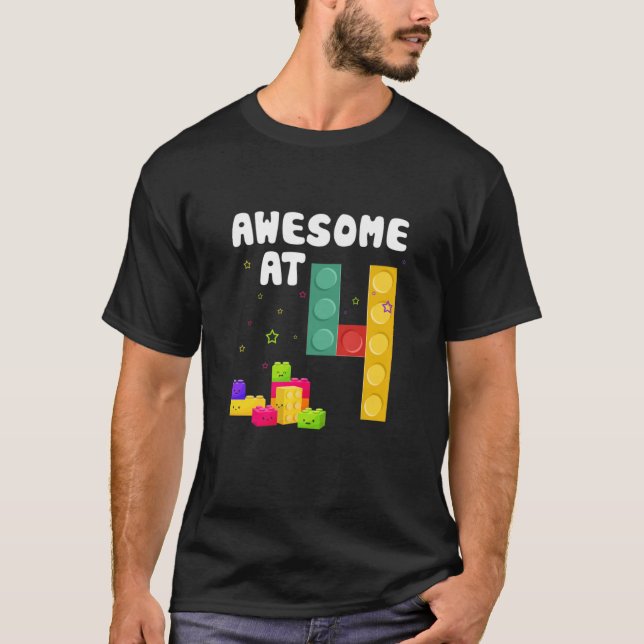 Kids 4Th Birthday Building Blocks Bricks Awesome 4 T-Shirt (Front)