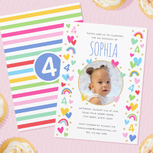 Kids 4th Birthday Cute Rainbow Photo Hearts Blue Invitation