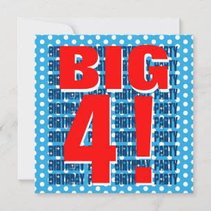 Kids 4th Birthday Modern BLUE Pattern RED v03B Invitation