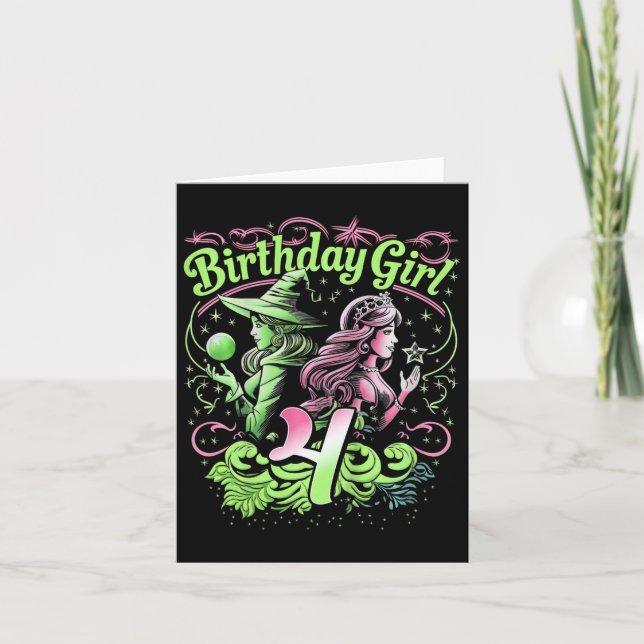 Kids 4th Birthday Witch Pink And Green 4 Years Old Card (Front)