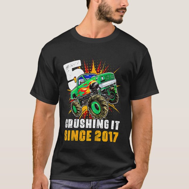 Kids 5 Crushing It Since 2017 Monster Truck 5th Bi T-Shirt (Front)