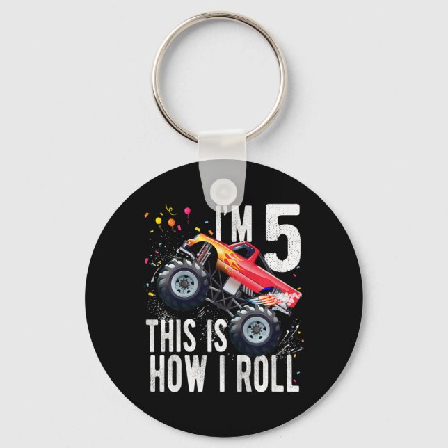 Kids 5 Year Old  5th Birthday Boy Monster Truck Ca Keychain (Front)
