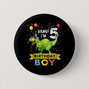 Kids 5 Year Old 5th Birthday Boy T Rex Dinosaur 2 Inch Round Button