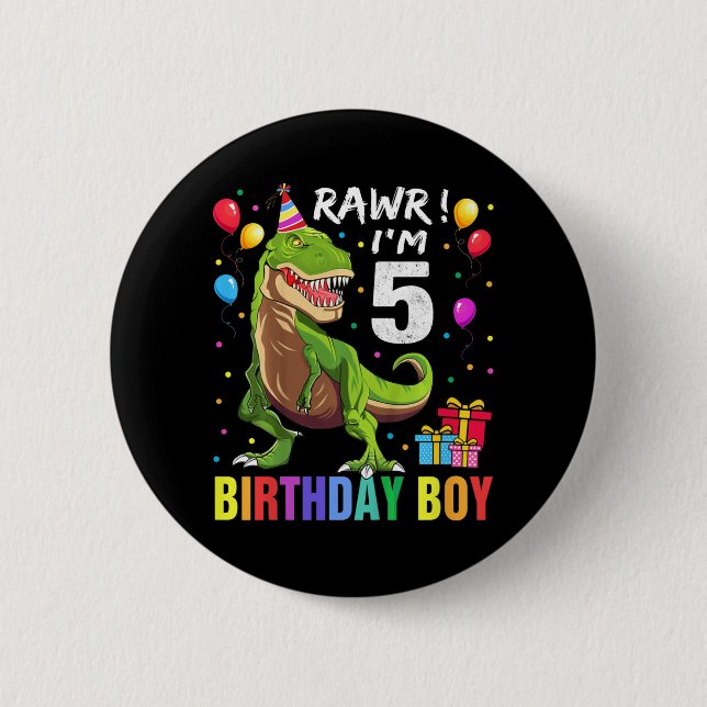 Kids 5 Year Old  5th Birthday Boy T Rex Dinosaur   2 Inch Round Button (Front)