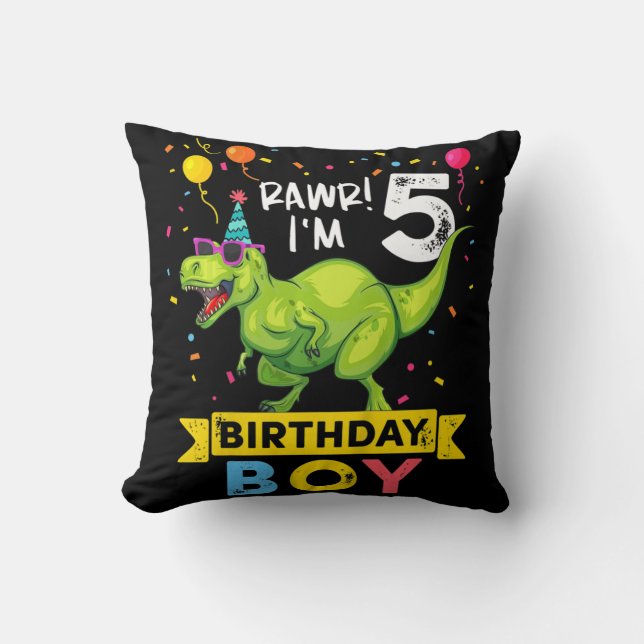 Kids 5 Year Old  5th Birthday Boy T Rex Dinosaur  Throw Pillow (Front)