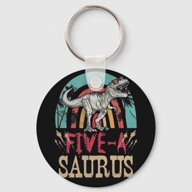 Kids 5 Year Old Dinosaur Birthday 5th T Rex Dino Keychain (Front)