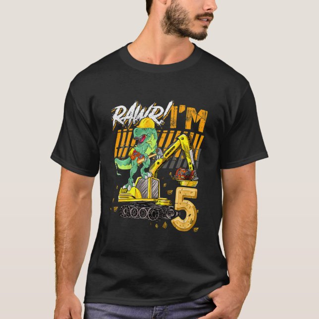 Kids 5 Year Old Dinosaur Construction Excavator 5t T-Shirt (Front)
