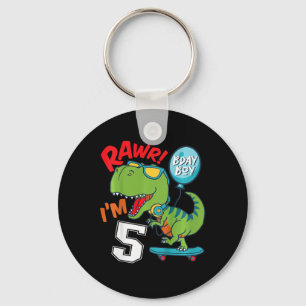 Kids 5th Birthday 5 Year Old Boy T-rex Skateboardi Keychain