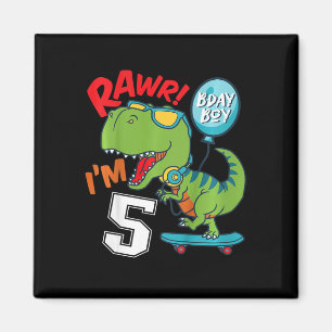 Kids 5th Birthday 5 Year Old Boy T-rex Skateboardi Magnet