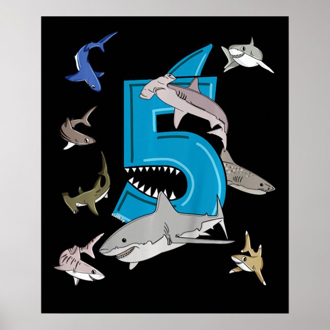 Kids 5th Birthday Boys Shark White Shark Poster (Front)