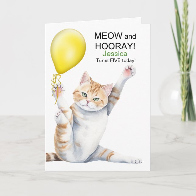 Kids 5th Birthday Cute Cartoon Cat with Name Card (Front)
