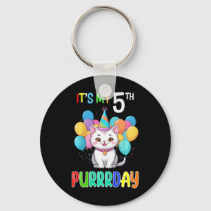 Kids 5th Birthday Girl Cat Shirt Fifth Bday Girl G Keychain