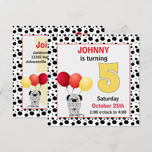 Kid's 5th Birthday Red and Yellow Dalmatian Invitation (Front/Back)